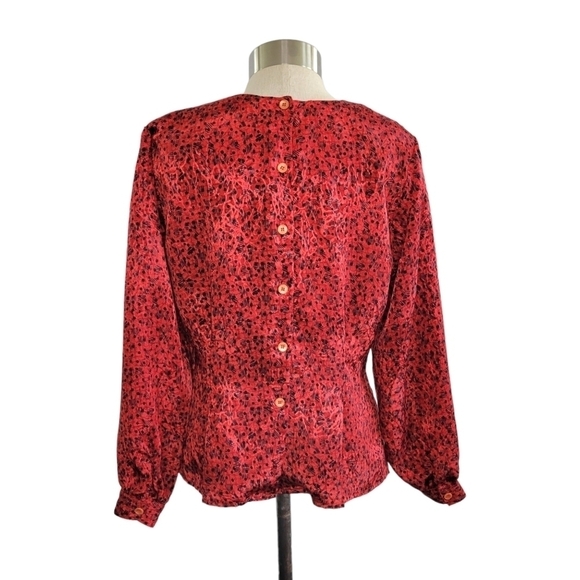 Vtg 80s Nicole Blake Petites Peplum Button Back Silky Blouse Red & Black Size 6P - Picture 4 of 10